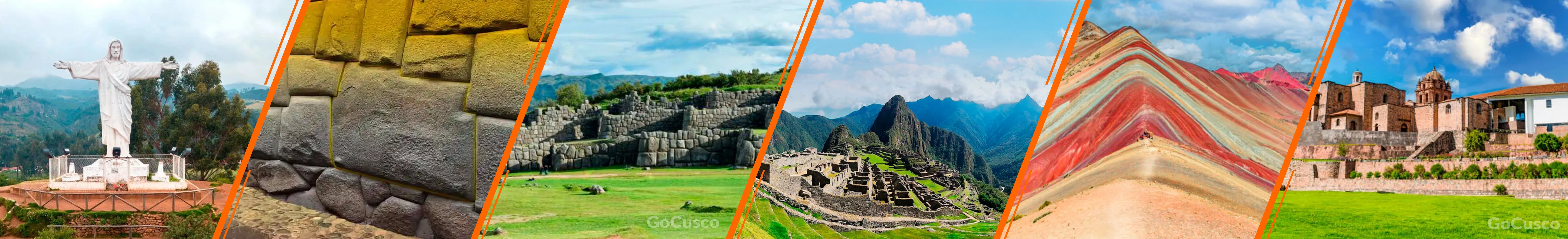 Collage de atractivos turísticos en Cusco: Machu Picchu, Rainbow Mountain, Sacsayhuaman y Qorikancha - Cusco City Tour and Sacred Valley